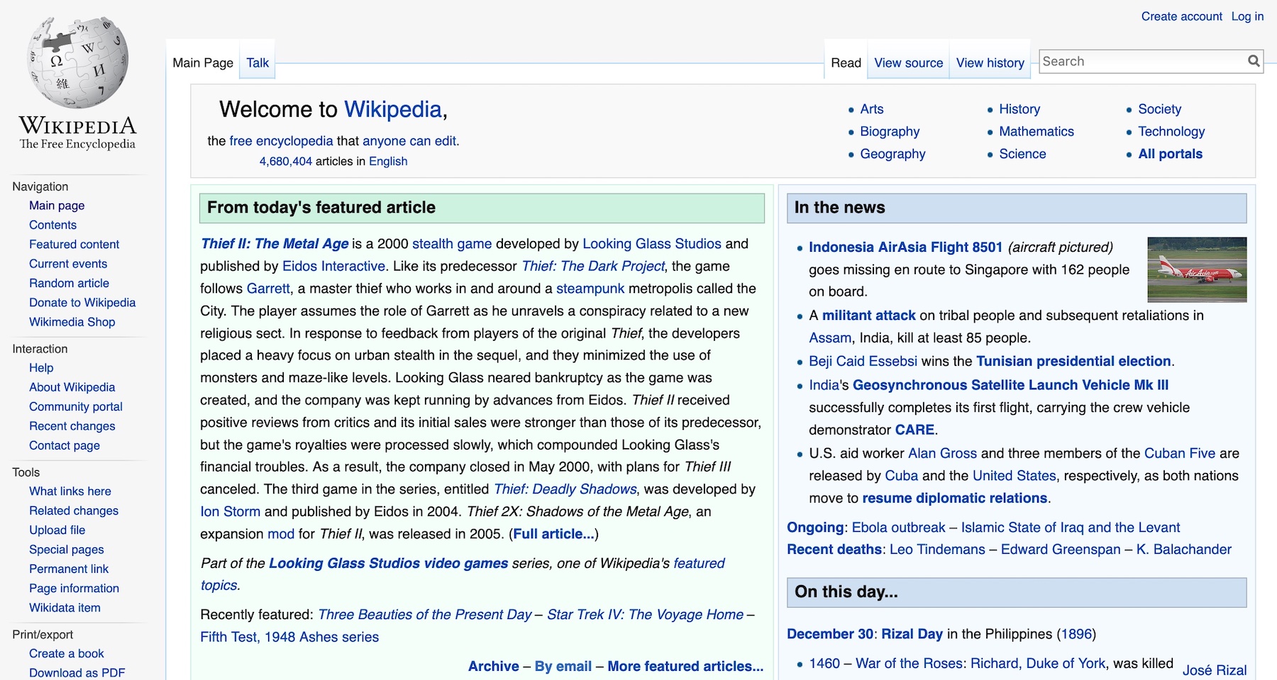 Wikipedia English language homepage (2014)